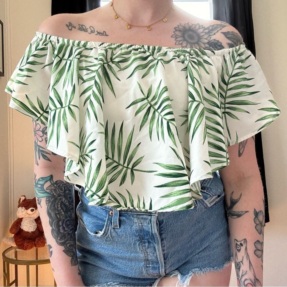 Tropical Leaf Print Off-Shoulder Bandeau Top